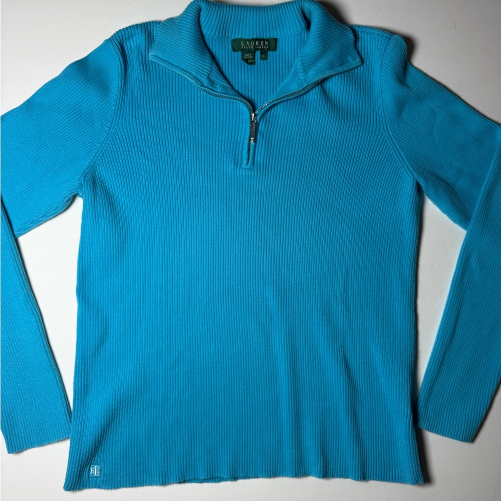 Lauren Ralph Lauren Turquoise Zip-Up Ribbed Sweater 100% cotton size Large